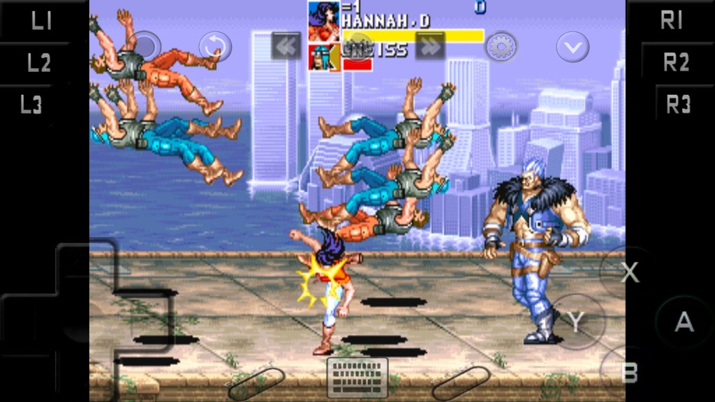 Side-view fighter with L1 to R3 overlay buttons