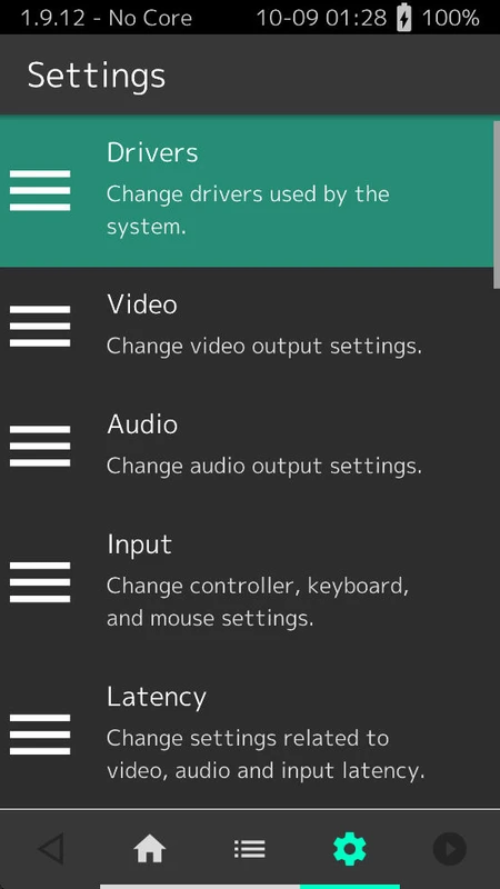 Settings list for Drivers, Video, Audio, Input and Latency