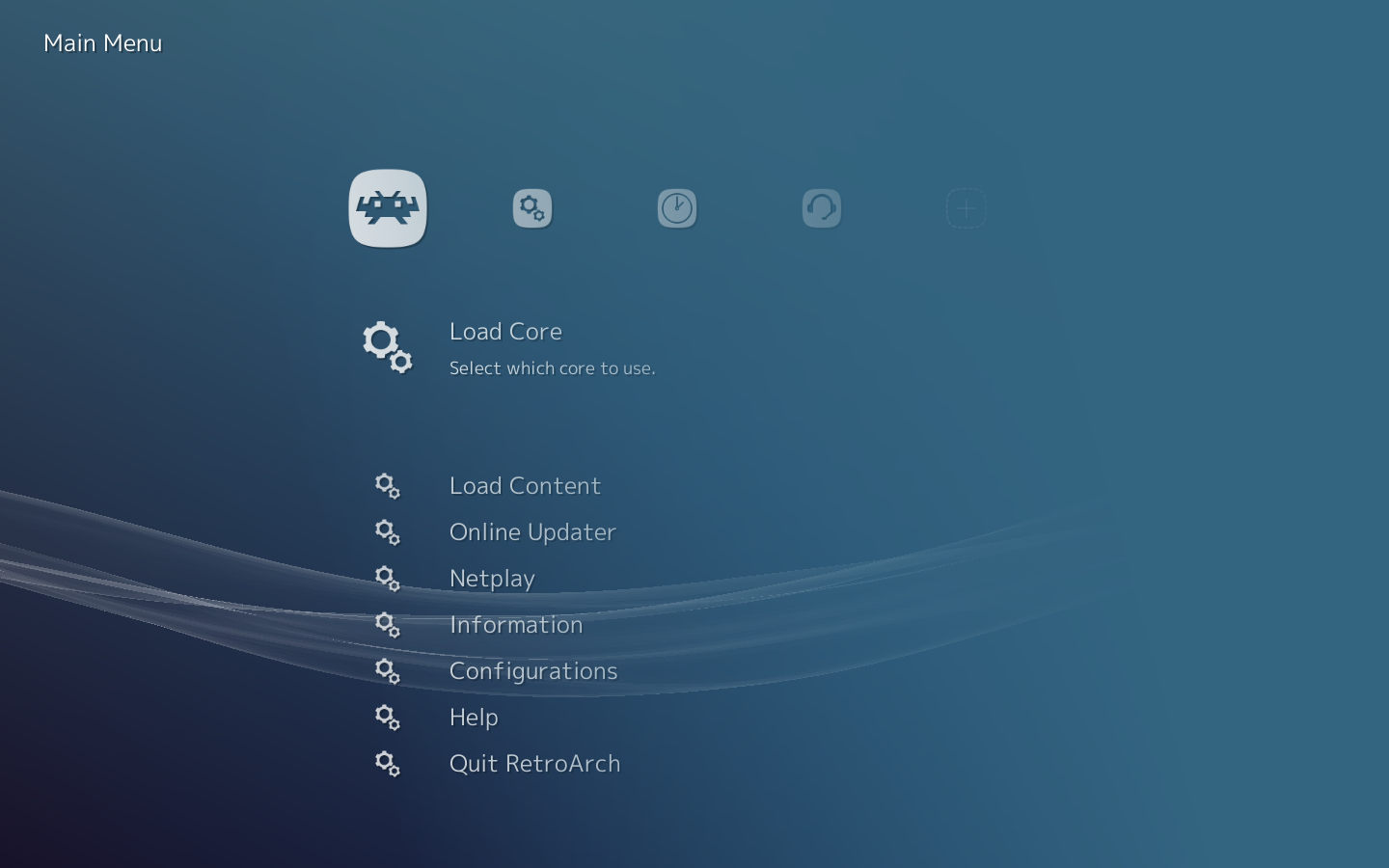 RetroArch XMB-style main menu with Load Core selected